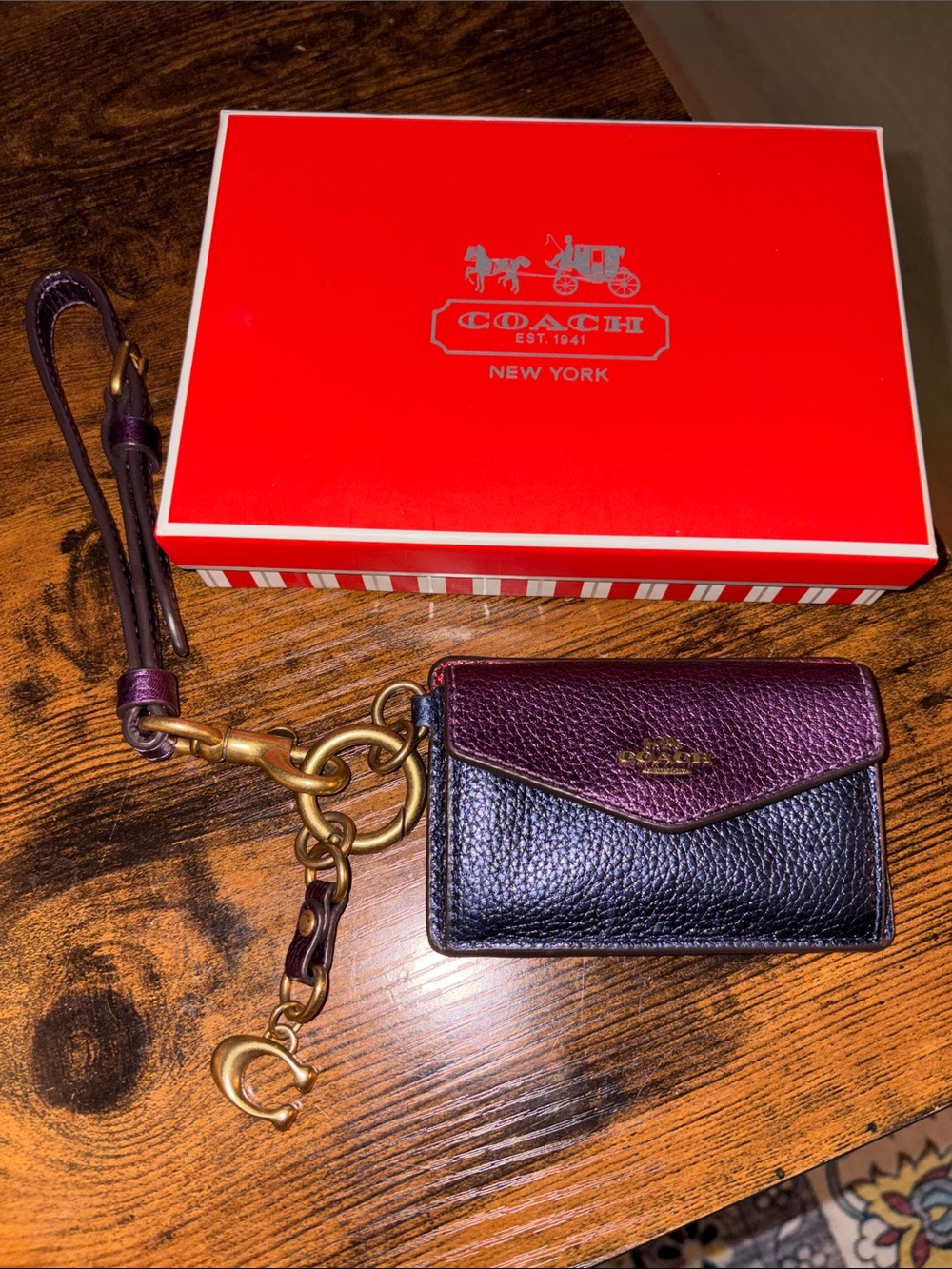 COACH. color block iridescent wallet keychain brass chain